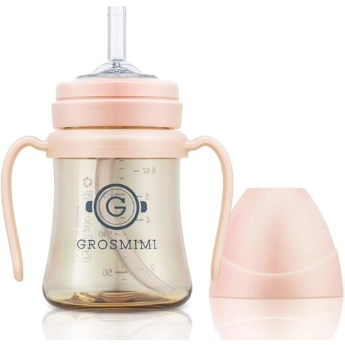 GROSMIMI Spill Proof no Spill Magic Sippy Cup with Straw with Handle for Baby and Toddlers, Customizable, PPSU, BPA Free 6 oz (Peach)