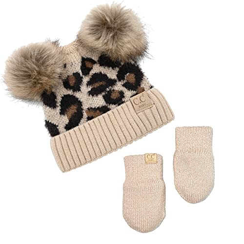 Funky Junque Knit Infant Double Pom Pom Beanie and Matching Fleece Lined Soft Mittens Set for Baby Newborn Boy Girl