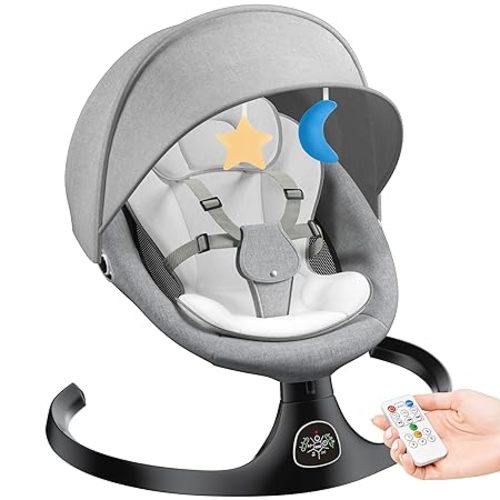 Electric Baby Swing for Infants, Baby Rocker for Infants with 5 Speeds, 10 Lullabies, Adapter & Battery Operated, Indoor & Outdoor Use, Remote Control, Gray