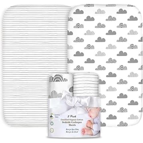 100% Organic Cotton 2 Pk of Bedside Sleeper Bassinet Fitted Mattress Sheets for Mika Micky, Baby Delight, Ronbei, Chicco, KoolerThings, Cloud Baby, AMKE, Angelbliss, Maxi-COSI, Arm's Reach, and More.