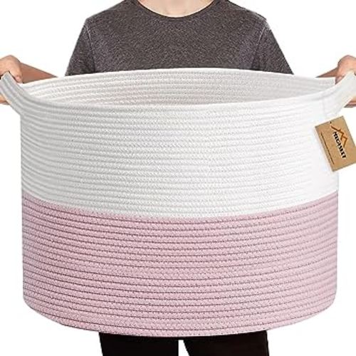 Pink Storage Baskets for Organizing, 22"X22"X14" XXXL Blanket Basket Living Room, Large Toy Basket, Soft Pink Cotton Rope Woven Baskets for Storage, Decorative Gifts Basket Bins for Nursery