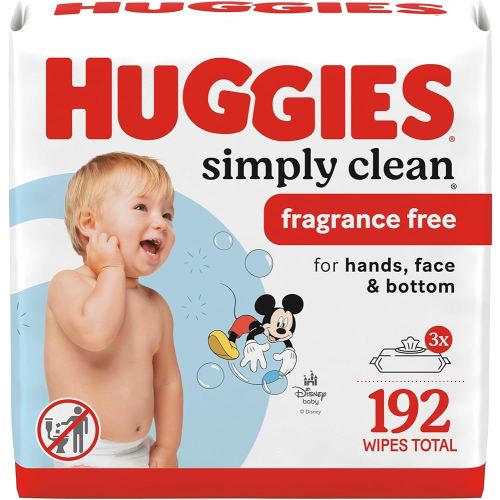 Huggies Simply Clean Unscented Baby Diaper Wipes, 3 Flip-Top Packs (192 Wipes Total), Packaging May Vary