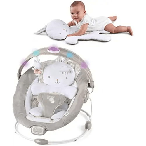 Ingenuity InLighten Baby Bouncer Seat with Light Up Bar and Bunny Tummy Time Pillow Mat - Twinkle Tails, Newborn and up