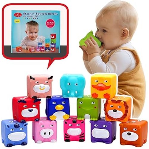 Soft Baby Blocks – Stacking & Building Toys for Babies and Toddlers – 12 No Hole Squeeze Animals Blocks – Sensory Teething Toys for Infant 6 Months+