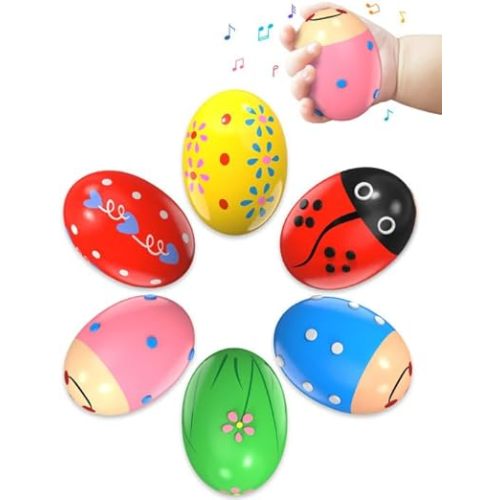 6 Pack Wooden Percussion Musical Shaker Easter Basket Stuffers for Toddler, Prefilled Easter Eggs Fillers Basket Essentials for Gifts Toys for Toddlers Kids Babies Boys Girls