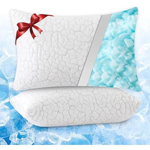 Cooling Pillows for Sleeping 2 Pack, Adjustable Shredded Memory Foam Pillows Standard Size, Firm Bed Pillows for Side, Back, Stomach, Hot Sleepers, Cold Pillow with Removable Washable Cover