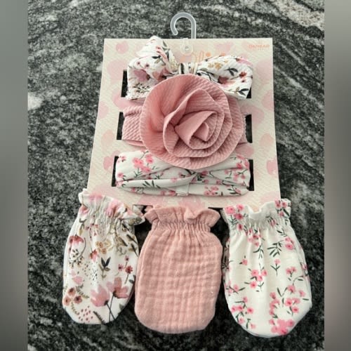 Floral Pink Baby Headband and Mittens Set