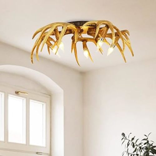 Meefad Rustic Antler Ceiling Light - Farmhouse Flush Mount, 5-Light Antler Chandelier for Dining & Living Room