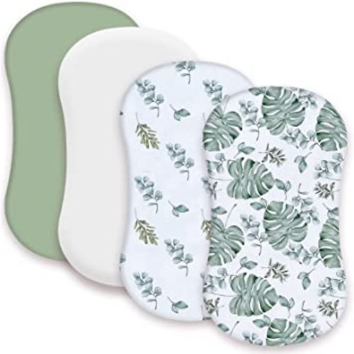 AMROSE 4 Pack Soft Bassinet Sheets for Baby Girls Boys, Universal Fitted for Various Cradle and Bassinet Mattress Pad, Silk Touch Gentle Breathable Microfiber, Sage Green Leaf