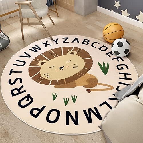 Lion Rug ABC Kids Playmat 5.2Ft Round Classroom Rug Large Circle Animal Rug for Baby Boys Girls Nonskid Bedroom Rug Plush Floor Carpet for Nursery Living Room Decor, Sleeping