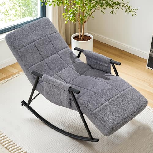 VECELO High Back Nursery Rocking Chair with Foot Rest, Teddy Upholstered Reclining Glider Rocker, Comfy Armchair Padded Seat Removable Side Pockets for Living Room, Bedroom, Balcony