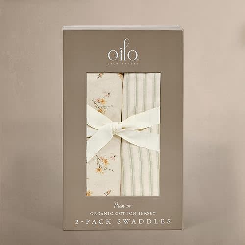 Oilo Premium Muslin Swaddle Blanket Set, Breathable 100% Organic Cotton 4-Way Muslin, Soft Large Receiving Blanket (46" x 46"), 2-Pack, Heirloom Organic Collection, Dainty Floral & Sea Moss Stripe | Soft, Breathable, Large Receiving Blanket, Premium Musli