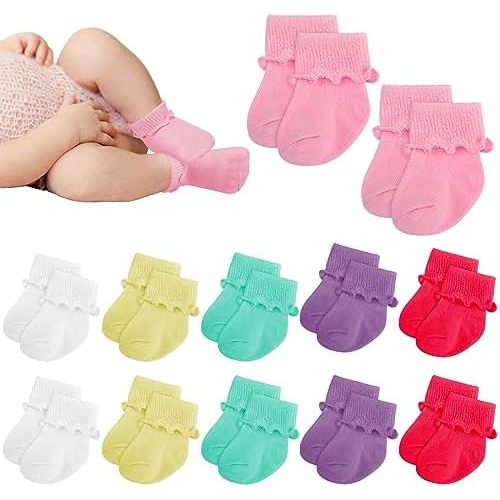 Toulite 12 Pairs Preemie Socks Girls and Boys Premature Ruffle Turn Cuff Cotton Socks Hospital Nicu