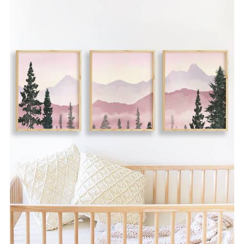 Girls Woodland Forrest Mountain Watercolor Nursery Print Set, Pink fog Forest 3 Piece Wall Art Print, Forest Landscape Art Pink and purple