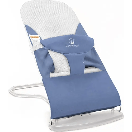 ComfyBumpy Ergonomic Baby Bouncer Seat - Bonus Travel Carry Case - Safe, Portable Bouncing Chair with Adjustable Height Positions - Infant Sleeper Bouncy Seat Perfect for Newborn Babies (Blue)