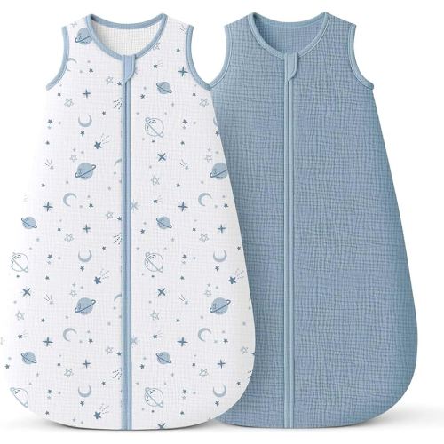 Konssy Muslin Baby Sleep Sack 0-6 Months 0.8 TOG, 2 Pack 100% Cotton Wearable Blanket for Babies, 2-Way Zipper Breathable Sleeping Sack Infant Toddler Essentials for Girls and Boys (Star, Blue)