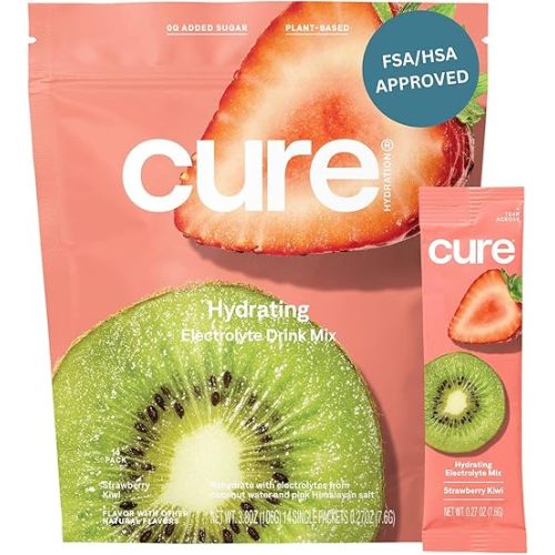 Cure Hydration | Plant-Based Electrolyte Drink Mix | No Added Sugar | FSA & HSA | Dehydration Relief Powder Made with Coconut Water | Non-GMO | Vegan | Pouch of 14 Packets - Strawberry Kiwi