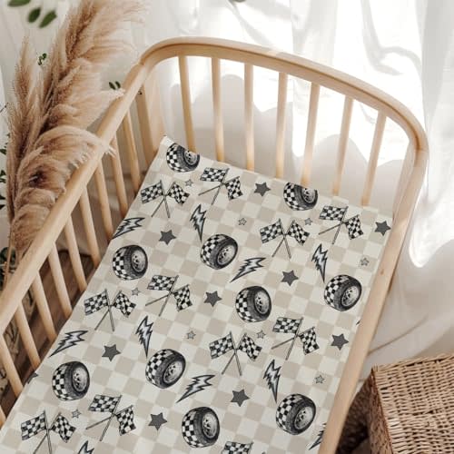 Cute Race Car Flag Black and White Plaid Fitted Baby Crib Sheet for Boys Girls 28"x52" Breathable Tire Stars Checkered Vehicles Baby Sheet for Standard Crib and Toddler Mattress Bed Sheet