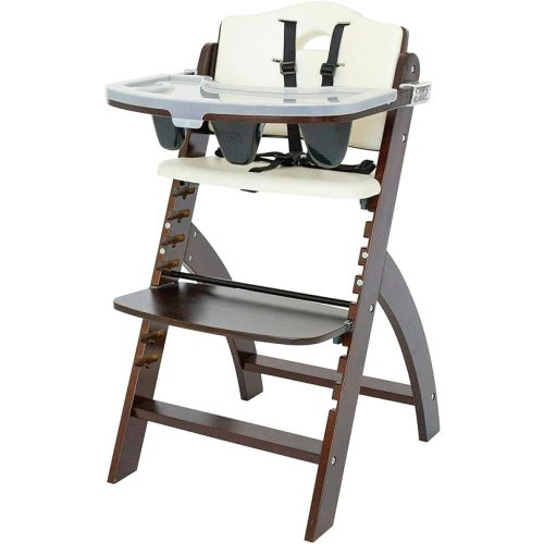 Abiie Beyond Junior Wooden High Chair with Tray - Adjustable and Convertible High Chair for Babies and Toddlers - 6 Months to 250 Lb - Water Resistant - Mahogany Wood/White Cushion
