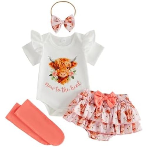 New to The Herd Baby Girl Outfit Short Sleeve Highland Cow Romper Shorts Headband Sock Western Newborn Cowgirl Clothes