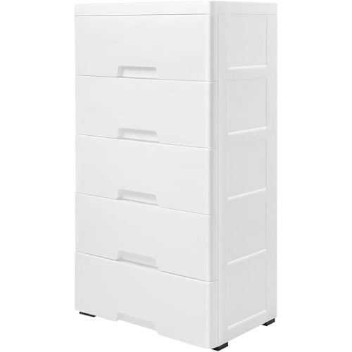 Plastic Drawers Dresser Storage Cabinet, 5 Drawer Stackable Vertical Clothes Storage Tower, Bedroom Tall Small Chest Closet, Organizer Unit for Hallway Entryway, Home Furniture(White)
