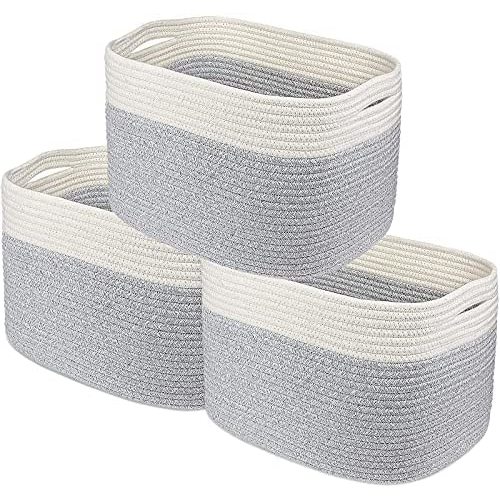 Desihum 3 Pack Cotton Rope Basket for Organizing, Woven Storage Basket with Handle , Decorative Baby Nursery Blanket Baskets Living Room Bin for Kids Clothes, Toys, Books, Fruit, Towel, 15×10×9 inch