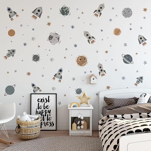 Space-Themed Wall Decals - Rocket, Planet & Astronaut Peel-and-Stick Decor - Large Vinyl Stickers for Boys' Rooms, Bedrooms, and Playrooms Wall Art - PVC Material