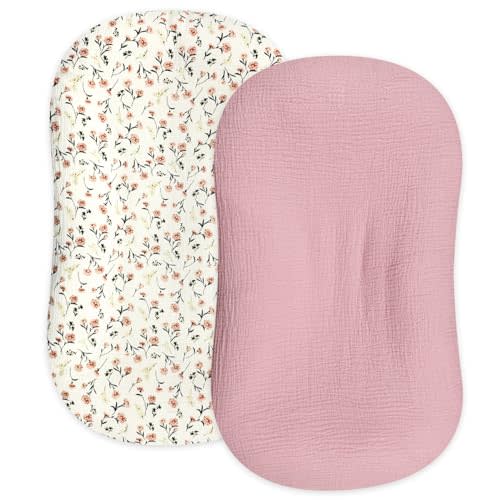 Hooyax Muslin Baby Lounger Cover 2 Pack, Organic Removable Lounger Slipcover for Newborn, Baby Padded Lounger Infant Floor Seat Covers for Boys Girls (Flesh Pink & Floral)