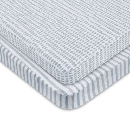 Ely's & Co. Baby Waterproof Fitted Pack N Play - Mini Crib Sheet 100% Combed Jersey Cotton Misty Blue Stripes And Splash 2 Pack