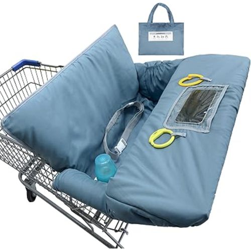Basumee Shopping Cart Cover for Baby High Chair Covers for Restaurant Seat Grocery Cart Cover for Babies Girl Boy Cart Covers with Storage Pouch Baby Shopping Cart Cover, Blue Gray
