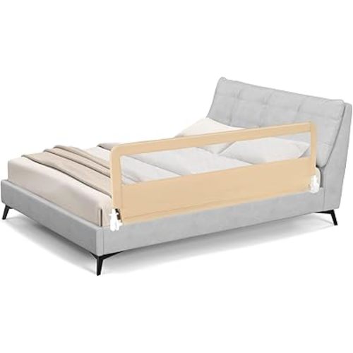 BABY JOY Bed Rails for Toddlers, 71'' Extra Long, Upgraded Swing Down Bed Guard w/Safety Strap, Folding Baby Bedrail for Kids Twin, Double, Full Size Queen & King Mattress (71-Inch, Beige)