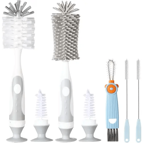 5-in-1 Baby Bottle Cleaner Set, Including Nylon & Silicone Bottle Brush, Cap, Straw & Nipple Brushes, BPA-Free (Grey)