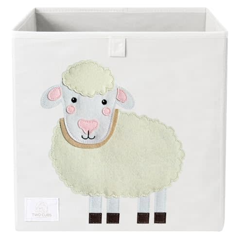 Two Cubs Foldable Kids Toy Storage Box - 13"x13" Cube Organizer Bin with Durable 2.6mm Plastic Plate Boards, Sheep Design in White - Collapsible Nursery & Playroom Storage, Fits IKEA Kallax Shelves