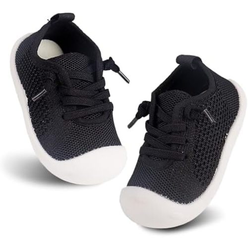 Baby Girl&Boy Toddler First Walking Shoes 6-12 Months Size 3 Black Barefoot Slip On Wide Toe Box Shoes Soft Footmates Casual Tennis Indoor Flexible Learning to Walk Rubber Sneakers