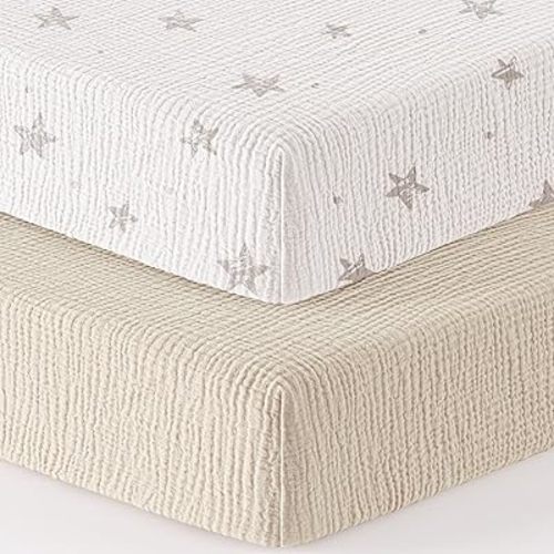 Muslin Pack and Play Sheets Fitted 100% Cotton Mini Crib Sheets for Pack N Play Playard Mattress 38”x26” Snug Crib Mattress Cover for Baby Boys Girls, 2Pack (Cream Star)