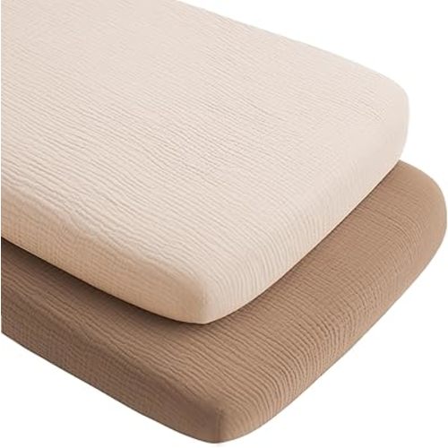 2 Pack Muslin Fitted Bassinet Sheets for Baby Girl Boy, Soft Breathable Baby Bassinet Sheets Fit for Baby Bassinets, Cradle, Moses Basket Oval Rectangle Pad/Mattress (Brown,Summer Wheat)