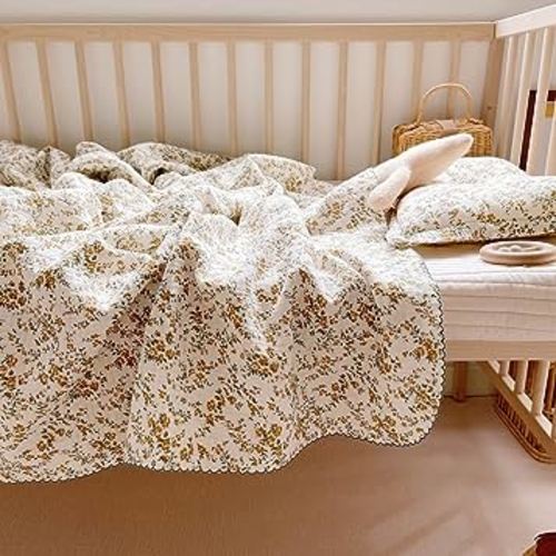 BuLuTu 4 Layer Toddler Blanket 100% Cotton Muslin Bed Blankets for Kids,Girls,Boys, with Cute Hibiscus Flowers Pattern Lightweight Thermal Baby Blanket, Super Soft Warm Crib Blanket, 47x51
