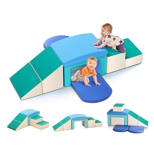 Lischwert Indoor Soft Foam Climber Play Sets, Toddler Climbing Toys Indoor with Slide Stairs and Ramp Indoor Climbing Toys for Kids and Children,6 Pieces(Light Blue)