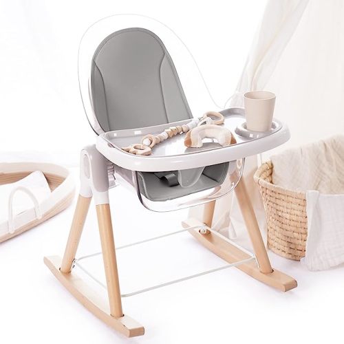 Baby High Chair, 7-in-1 Grow with Family Convertible Wooden High Chair for Babies and Toddlers, Rocking Chair, Reclining Seat, Easy to Clean Compact High Chair Removable Cushion and Double Tray - 7-in-1 Dark Grey