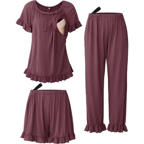SUNNYBUY 3Pcs Ruffle Trim Postpartum Nursing Pajamas Set with Bowknot, Maternity Breastfeeding PJS Pregnancy Sleepwear