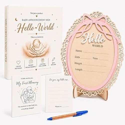 Baby Announcement Sign – Hello World Newborn Sign in 3D Wood with Charming Pink Bow Accent & Elegant Vintage Frame Details for Newborn Memories, Nursery Décor & Baby’s First Precious Moments
