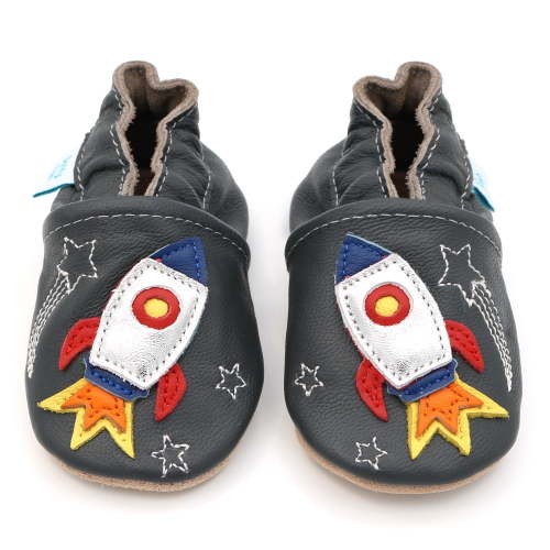 Dotty Fish Soft Sole Leather Baby Shoes - Gray Space Rocket - 6-12 Months