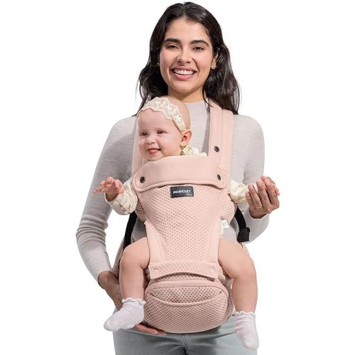 Momcozy Baby Carrier with Hip Seat, 2-in-1 Forward-Facing Carry for Active Babies, Detachable Hands-Free Carrier up to 44lbs, Breathable Infant Carrier Fits Waist Sizes up to 45 Inches, AirMesh Pink