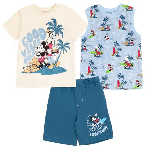Disney Lion King Toy Story Mickey Mouse Cars T-Shirt Tank Top and French Terry Shorts 3 Piece Outfit Set Toddler to Big Kid