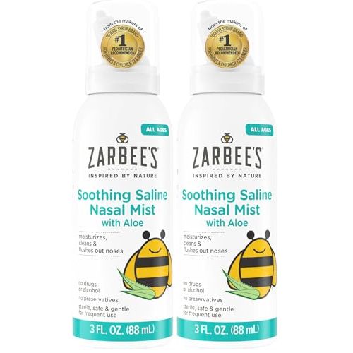 Zarbee's Baby Nasal Saline Spray, Soothing Sterile Mist with Aloe, Newborns & Up, Cleansing Nose Relief, 3Fl Oz (Pack of 2)