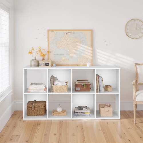 TINKLE WELL 8-Cube Storage Shelf Organizer, Bookcase with Removable Back Panels, Adjustable White Wood Bookcase for Living Room, Home Office, White