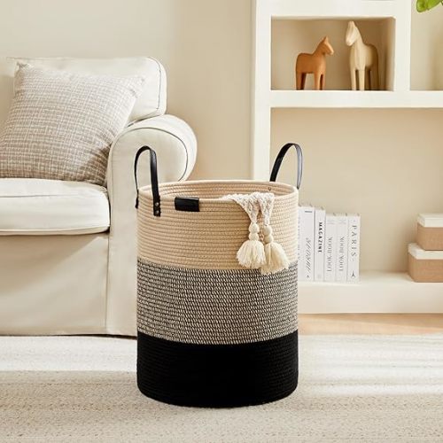 Cotton Laundry Hamper, 58L - Woven Collapsible Clothes Storage Basket - Brown & Black