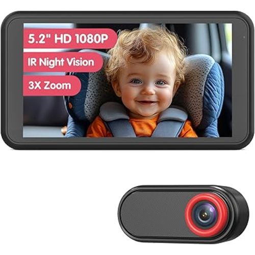 Baby Car Camera with Night Vision & 5.2" 1080P Display – Easy No-Damage Install, Patented Anti-Shake Mount – Carseat Camera Rear Facing Infant Ideal for New Parents