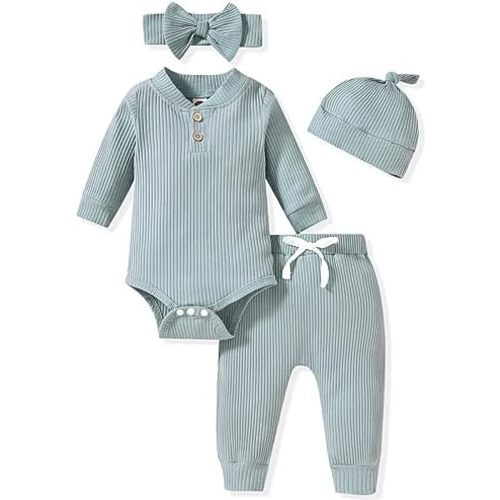 Aalizzwell Gender Neutral Long Sleeve Baby Ribbed Outfit with Hat & Headband