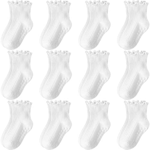 Toddler Girls Socks 12 Pack Grip Non Slip Ruffle Frilly Cotton Socks for Toddlers Baby Girls Kids Cute 6M-7Years
